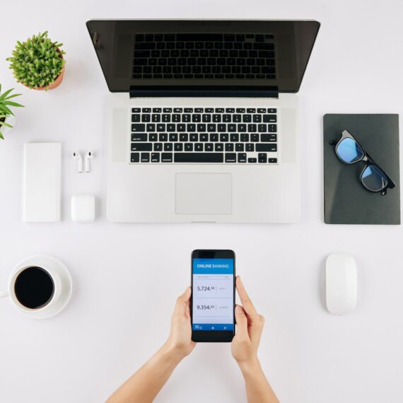 Businesswoman checking bank account