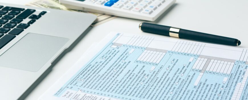 Showing business and financial report. Accounting, money close up