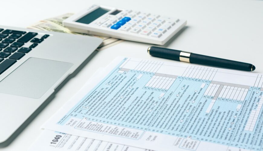 Showing business and financial report. Accounting, money close up