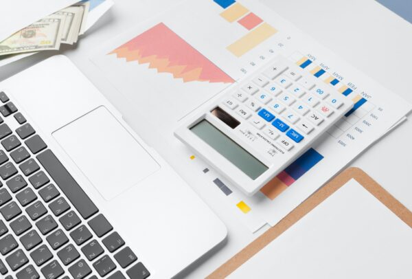 Showing business and financial report. Accounting, money close up