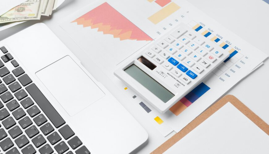 Showing business and financial report. Accounting, money close up