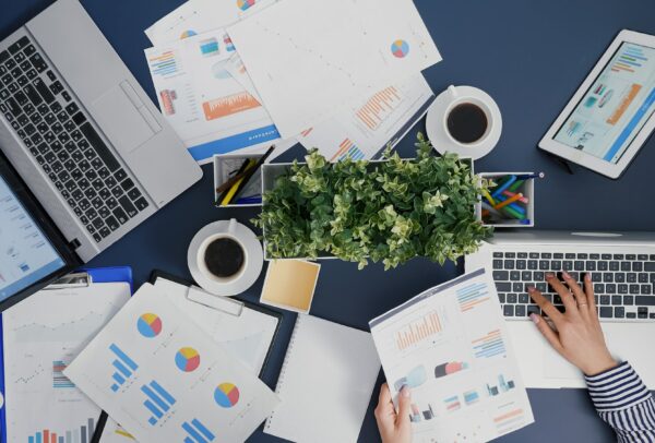 Top view of businesswoman typing financial accounting expertise on laptop